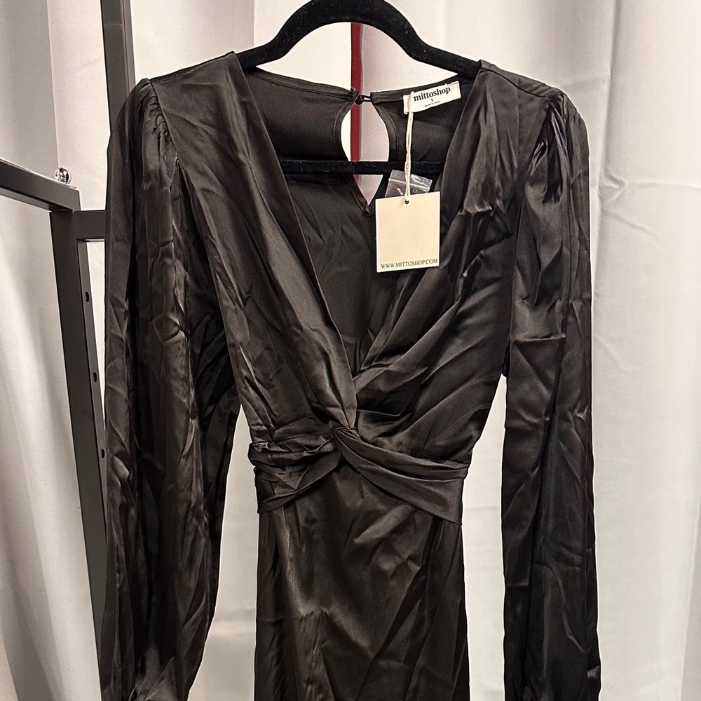 Black Satin Twist Midi Dress